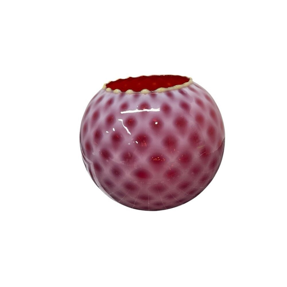 Red Round Glass Vase Bowl Cranberry Lace Opalescent Old Vintage Ruby Red & White